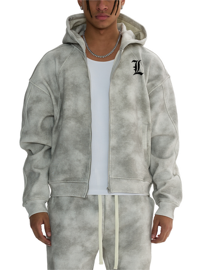 DeathNote L inspired Dirty Washed Boxy Zip-up Fleece Hoodie